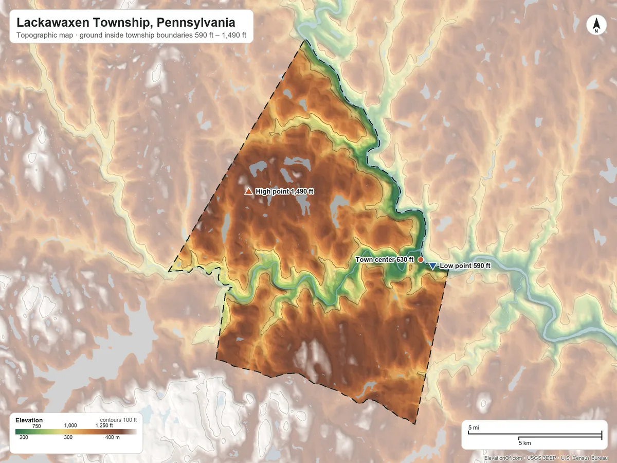 Topographic elevation map of Lackawaxen Township, Pennsylvania, shaded from 590 ft near the middle to 1,490 ft on the west side