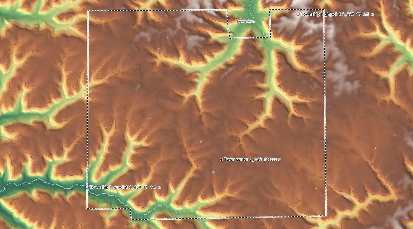 Topographic elevation map of Lafayette Township, Pennsylvania, shaded from 1,450 ft on the west side to 2,290 ft on the northeast side