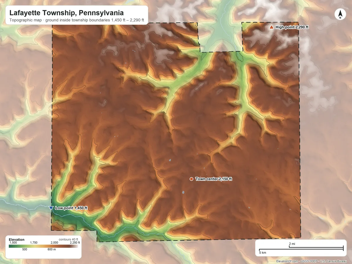Topographic elevation map of Lafayette Township, Pennsylvania, shaded from 1,450 ft on the west side to 2,290 ft on the northeast side