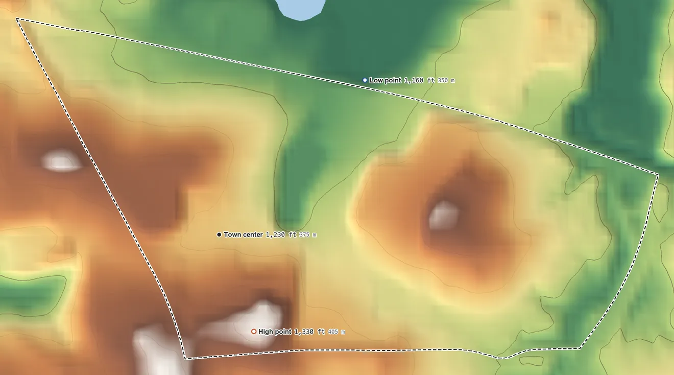 Topographic elevation map of Lake Arthur Estates, Pennsylvania, shaded from 1,160 ft on the northeast side to 1,330 ft on the south side