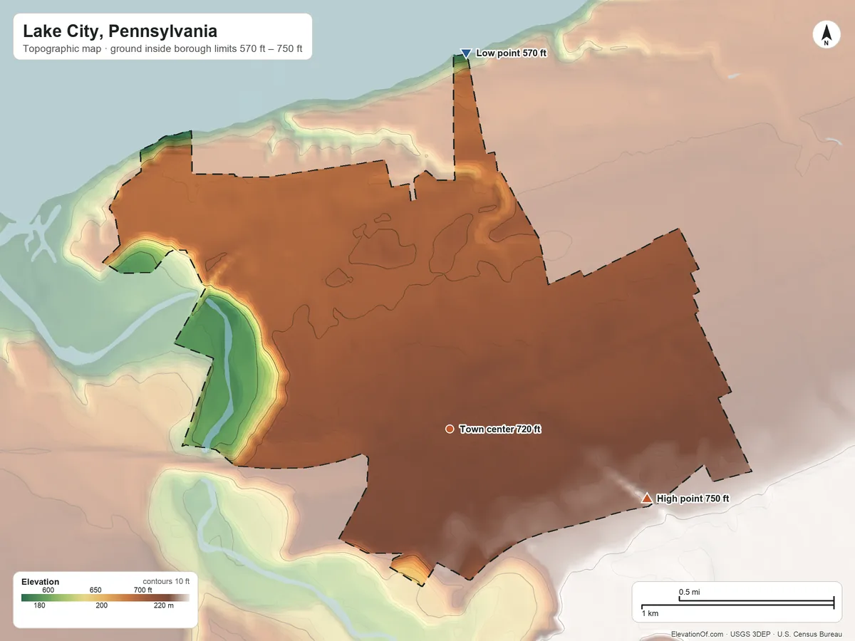 Topographic elevation map of Lake City, Pennsylvania, shaded from 570 ft on the north side to 750 ft on the east side