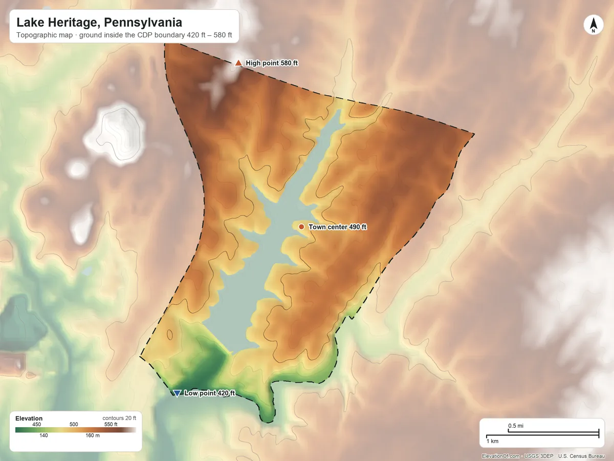 Topographic elevation map of Lake Heritage, Pennsylvania, shaded from 420 ft on the southwest side to 580 ft on the north side