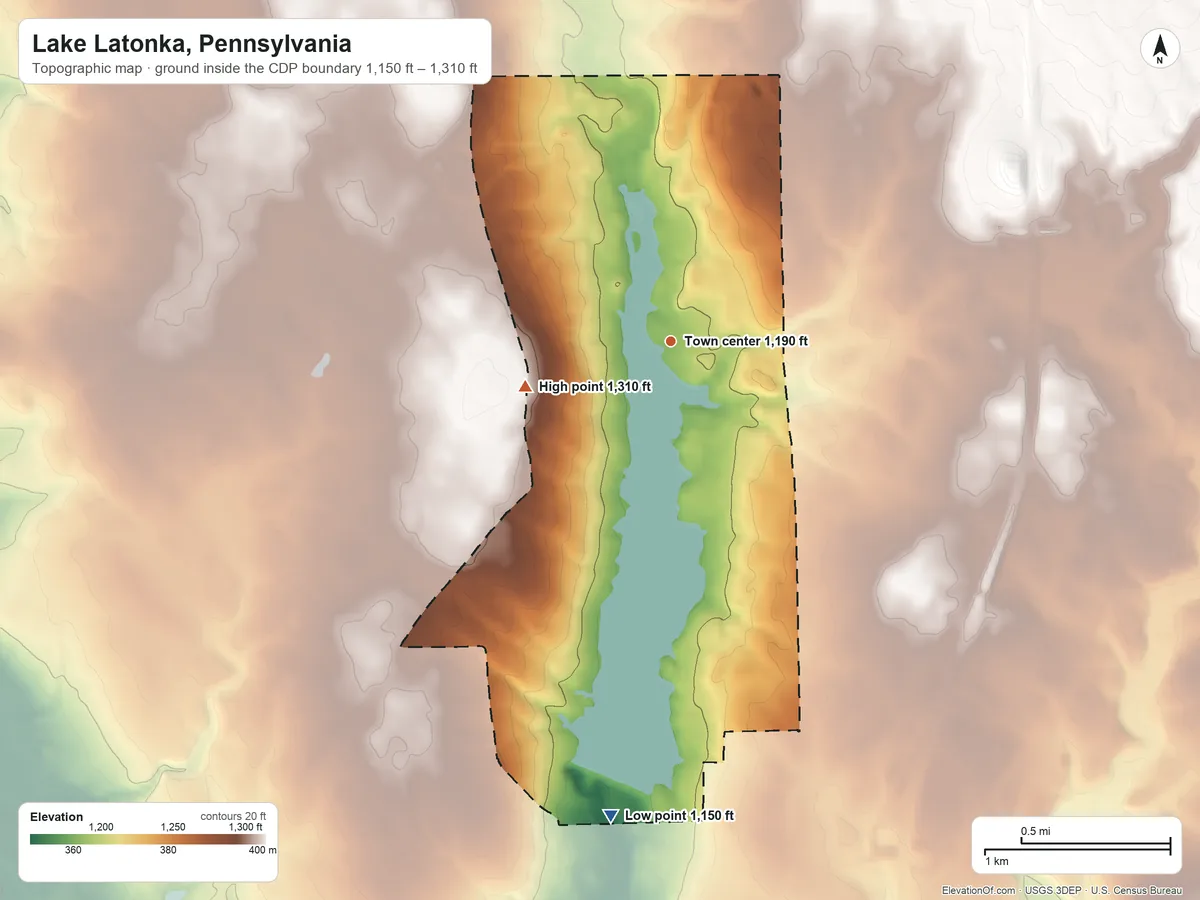 Topographic elevation map of Lake Latonka, Pennsylvania, shaded from 1,150 ft on the south side to 1,310 ft on the west side