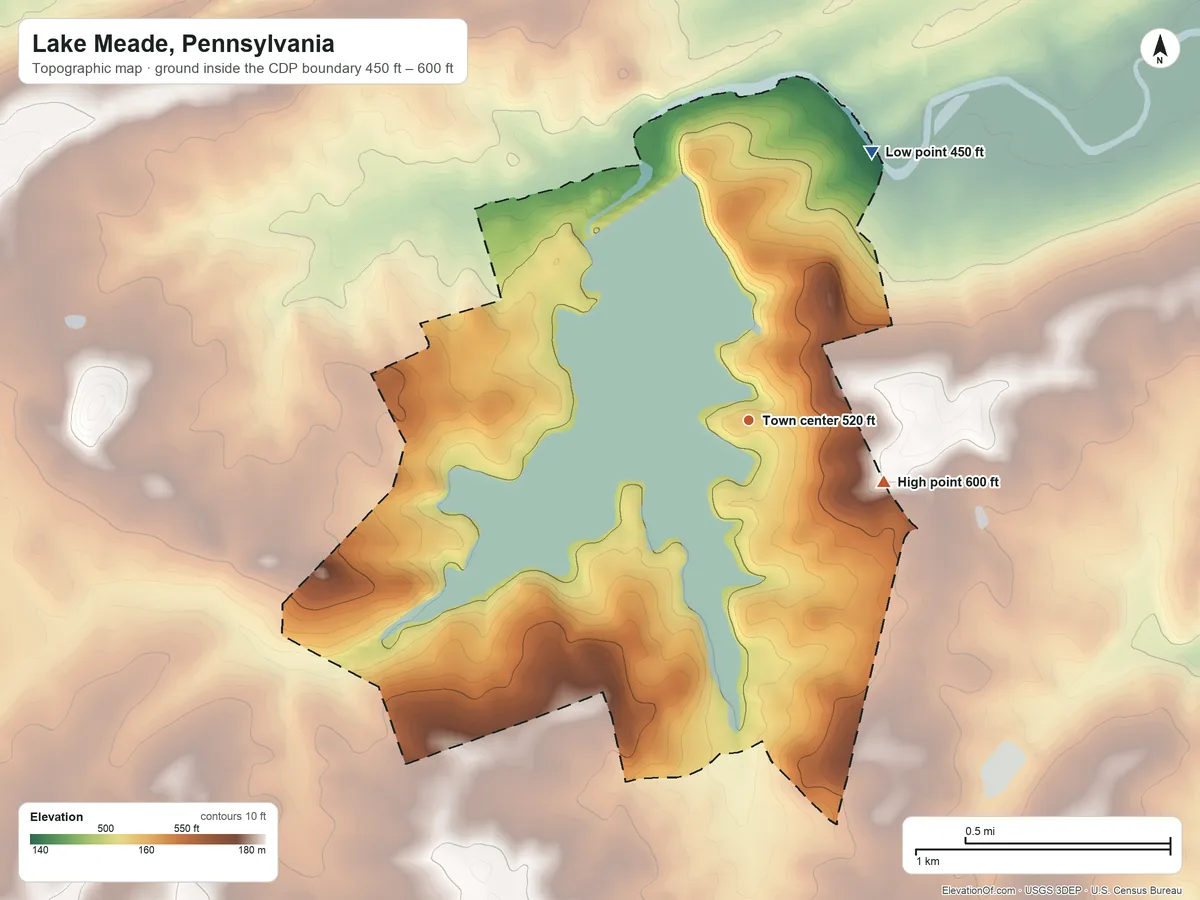 Topographic elevation map of Lake Meade, Pennsylvania, shaded from 450 ft on the northeast side to 600 ft on the southeast side