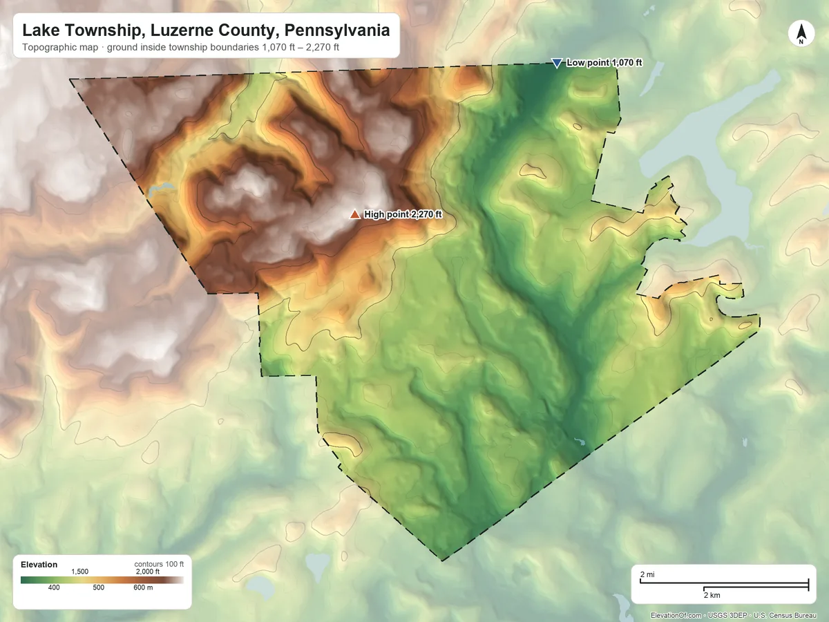 Topographic elevation map of Lake Township, Luzerne County, Pennsylvania, shaded from 1,070 ft on the north side to 2,270 ft on the northwest side