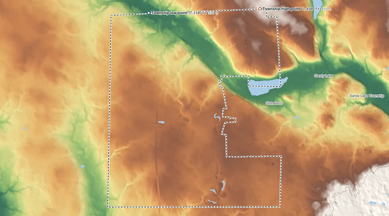 Topographic elevation map of Lake Township, Mercer County, Pennsylvania, shaded from 1,150 ft on the north side to 1,490 ft on the northeast side