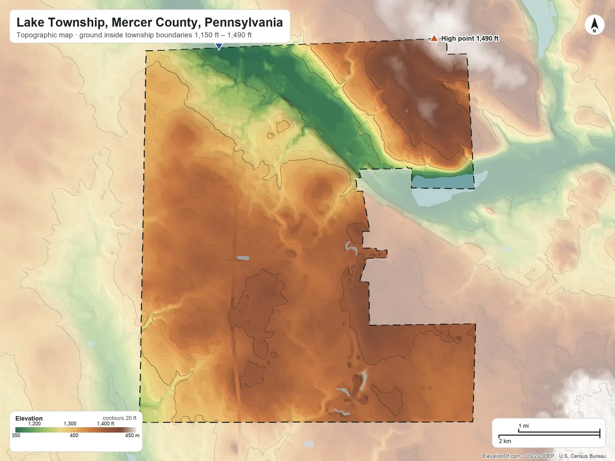 Topographic elevation map of Lake Township, Mercer County, Pennsylvania, shaded from 1,150 ft on the north side to 1,490 ft on the northeast side