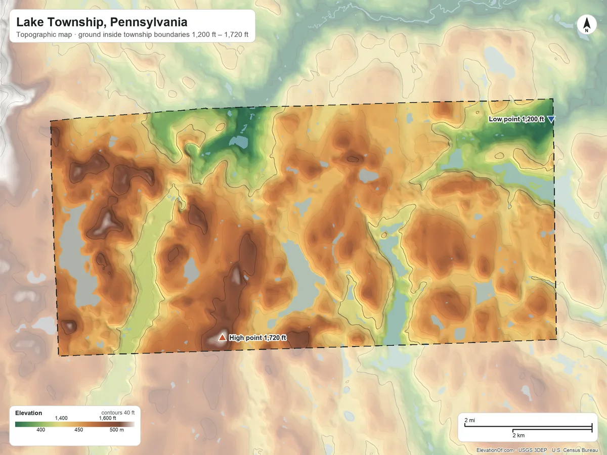 Topographic elevation map of Lake Township, Pennsylvania, shaded from 1,200 ft on the northeast side to 1,720 ft on the southwest side