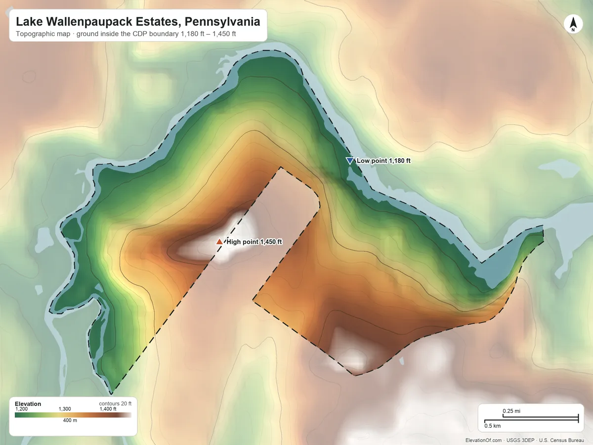 Topographic elevation map of Lake Wallenpaupack Estates, Pennsylvania, shaded from 1,180 ft on the east side to 1,450 ft on the southwest side