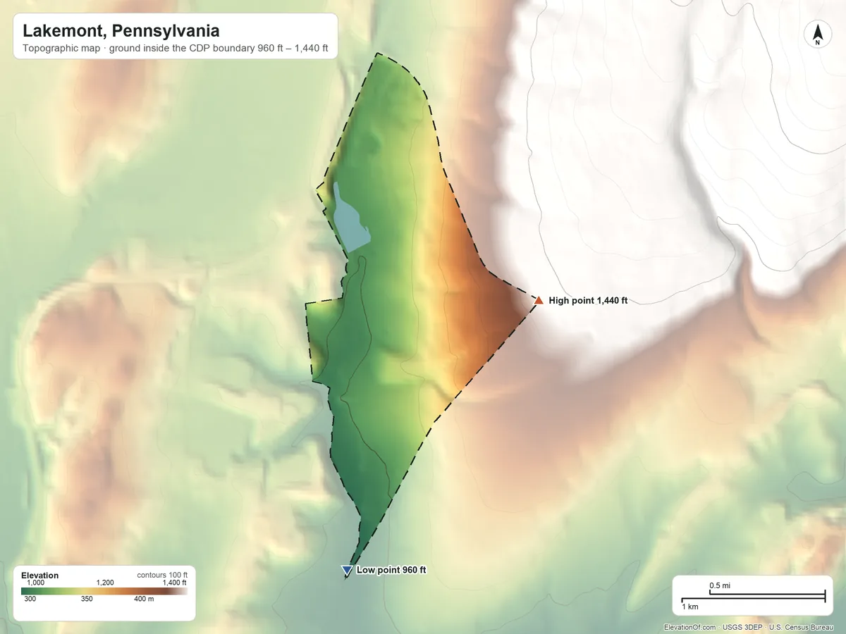 Topographic elevation map of Lakemont, Pennsylvania, shaded from 960 ft on the south side to 1,440 ft on the east edge, below higher ground just outside