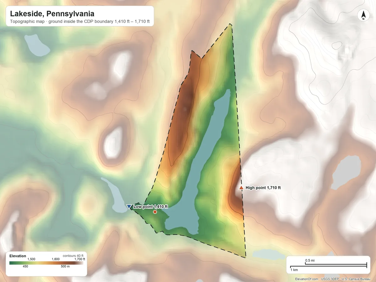 Topographic elevation map of Lakeside, Pennsylvania, shaded from 1,410 ft on the west side to 1,710 ft on the east side