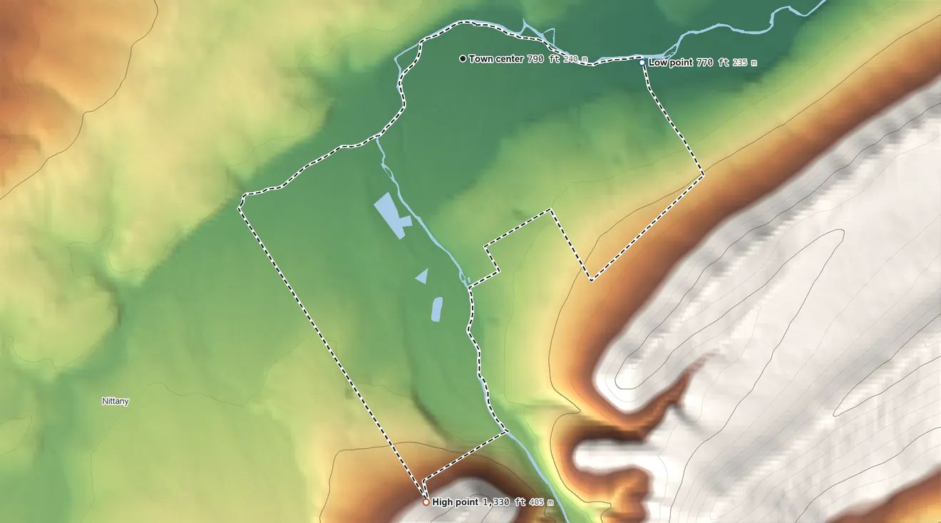 Topographic elevation map of Lamar, Pennsylvania, shaded from 770 ft on the east side to 1,330 ft on the south edge, below higher ground just outside
