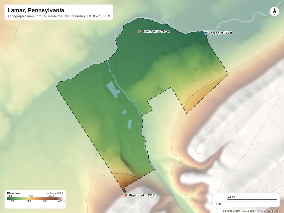 Topographic elevation map of Lamar, Pennsylvania, shaded from 770 ft on the east side to 1,330 ft on the south edge, below higher ground just outside
