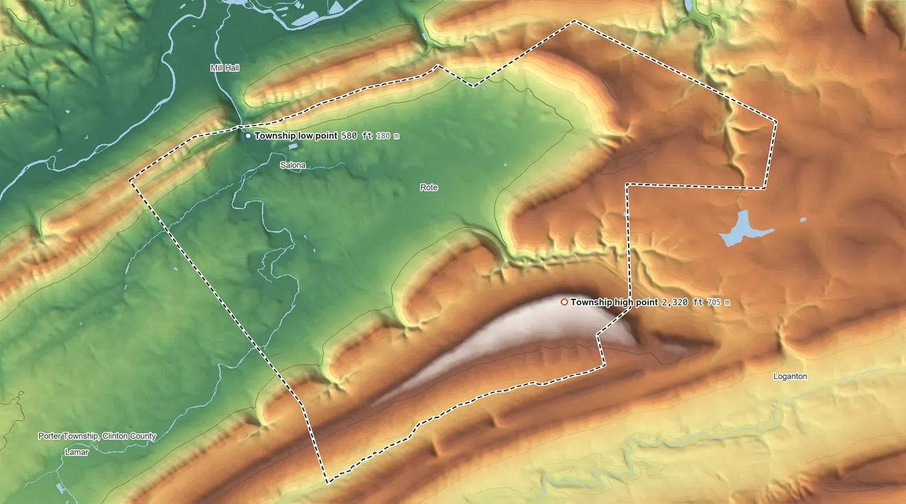 Topographic elevation map of Lamar Township, Pennsylvania, shaded from 580 ft on the northwest side to 2,320 ft on Big Mountain
