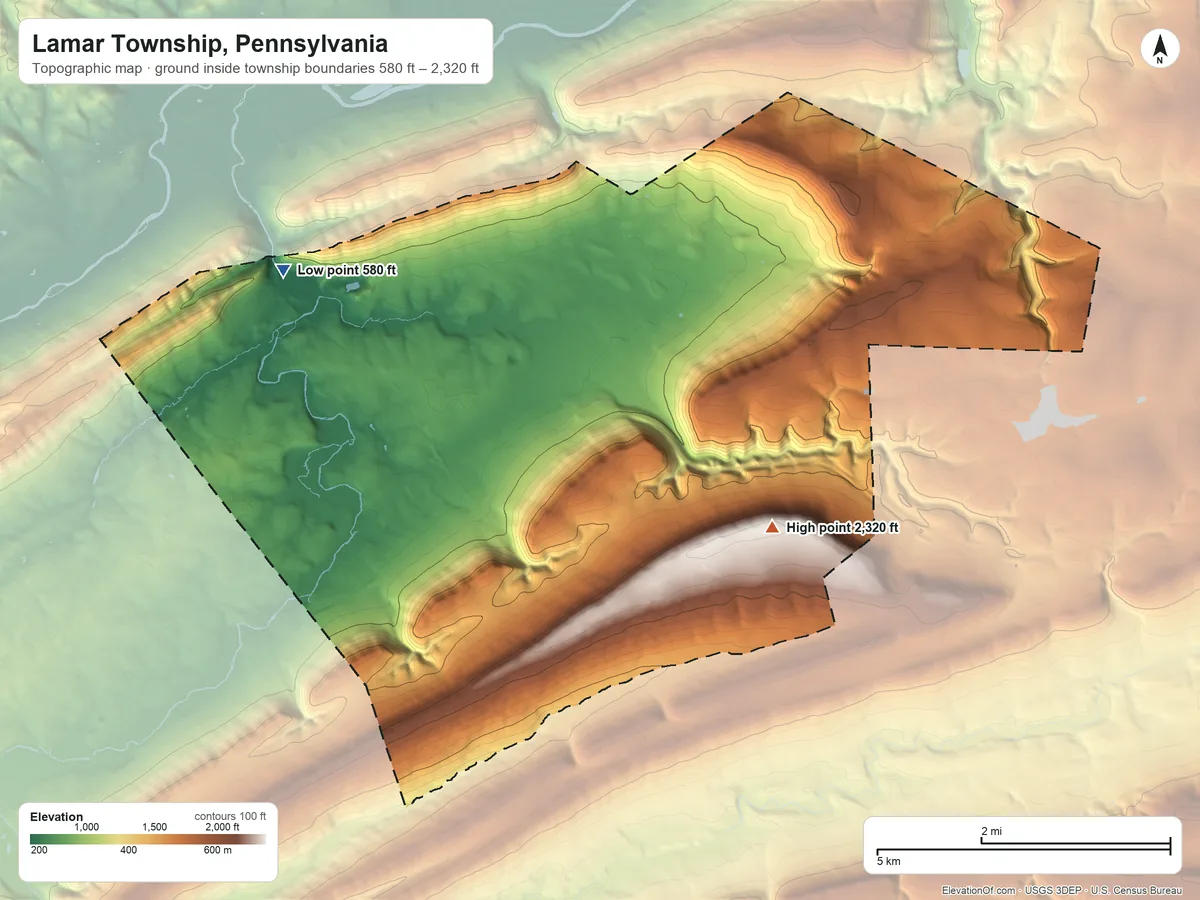 Topographic elevation map of Lamar Township, Pennsylvania, shaded from 580 ft on the northwest side to 2,320 ft on Big Mountain