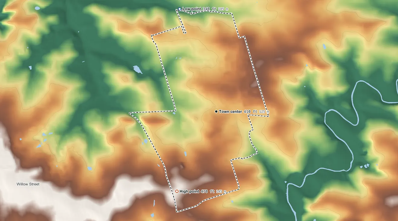 Topographic elevation map of Lampeter, Pennsylvania, shaded from 340 ft on the north side to 470 ft on the southwest side