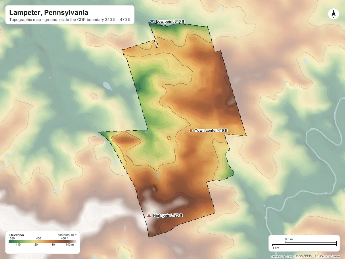 Topographic elevation map of Lampeter, Pennsylvania, shaded from 340 ft on the north side to 470 ft on the southwest side