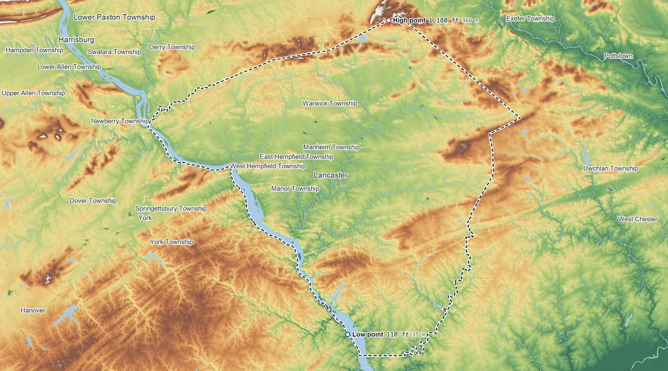 Topographic elevation map of Lancaster County, Pennsylvania, shaded from 110 ft on the south side to 1,180 ft on the north side