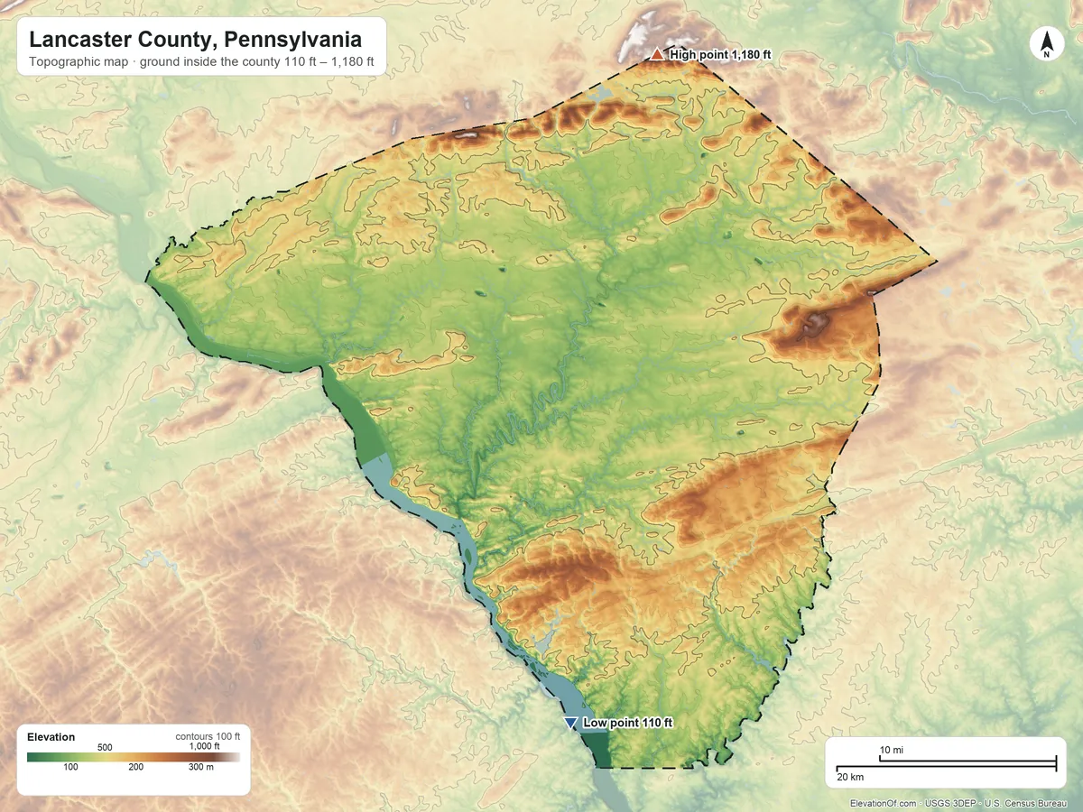 Topographic elevation map of Lancaster County, Pennsylvania, shaded from 110 ft on the south side to 1,180 ft on the north side