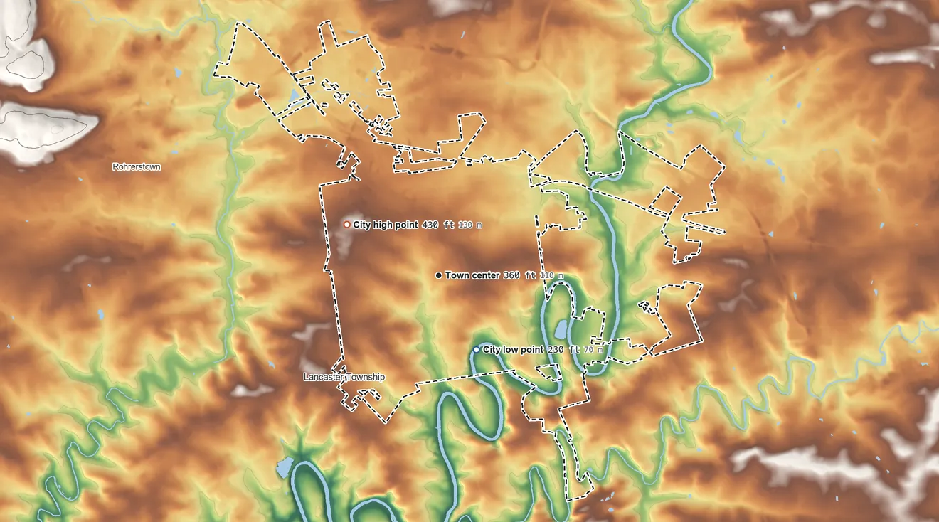 Topographic elevation map of Lancaster, Pennsylvania, shaded from 230 ft on the southeast side to 430 ft on the northwest side