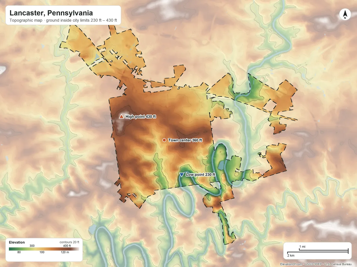 Topographic elevation map of Lancaster, Pennsylvania, shaded from 230 ft on the southeast side to 430 ft on the northwest side