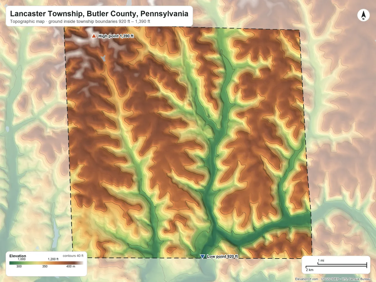Topographic elevation map of Lancaster Township, Butler County, Pennsylvania, shaded from 920 ft on the south side to 1,390 ft on the northwest side