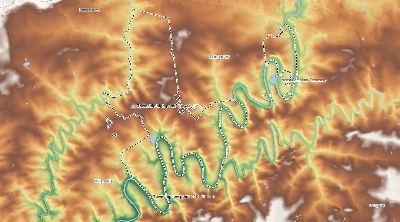 Topographic elevation map of Lancaster Township, Pennsylvania, shaded from 210 ft on the south side to 430 ft on the west side