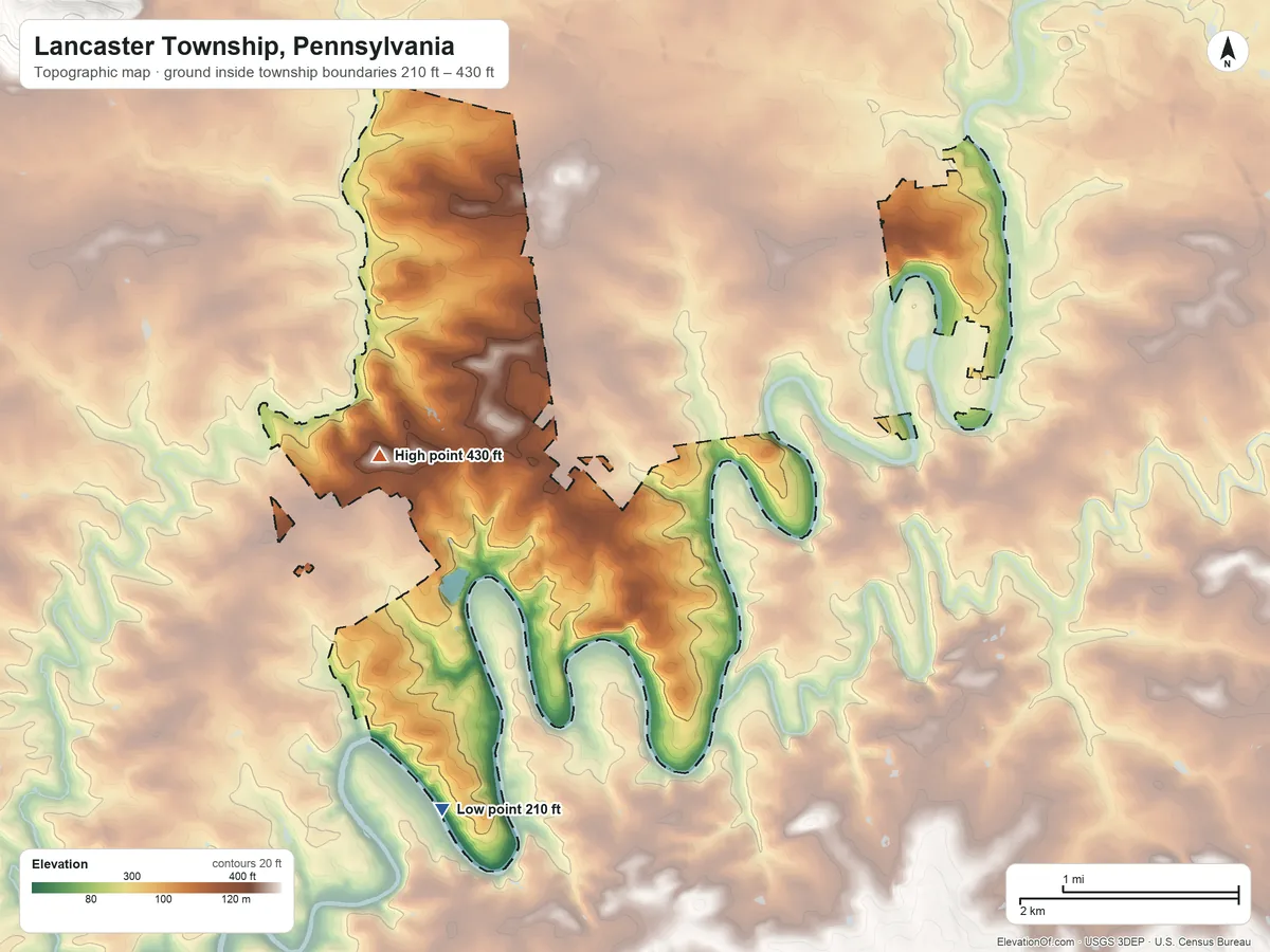 Topographic elevation map of Lancaster Township, Pennsylvania, shaded from 210 ft on the south side to 430 ft on the west side