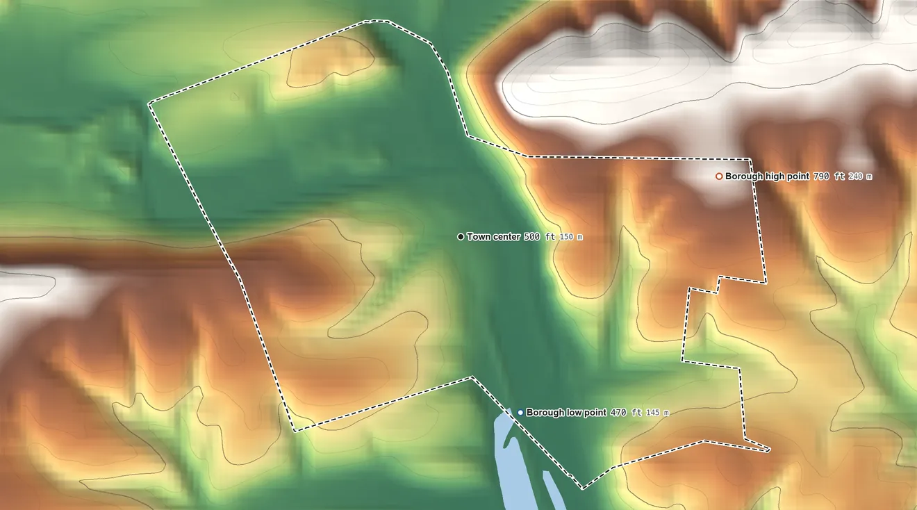 Topographic elevation map of Landingville, Pennsylvania, shaded from 470 ft on the south side to 790 ft on the east side