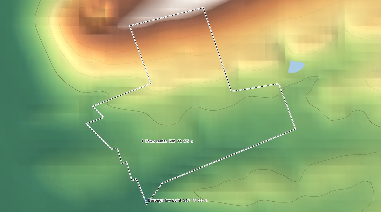 Topographic elevation map of Landisburg, Pennsylvania, shaded from 540 ft on the south side to 830 ft at the foot of the Little Mountain