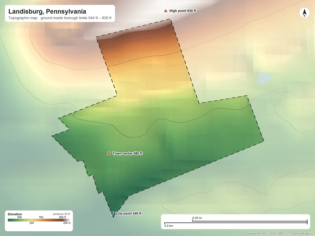 Topographic elevation map of Landisburg, Pennsylvania, shaded from 540 ft on the south side to 830 ft at the foot of the Little Mountain
