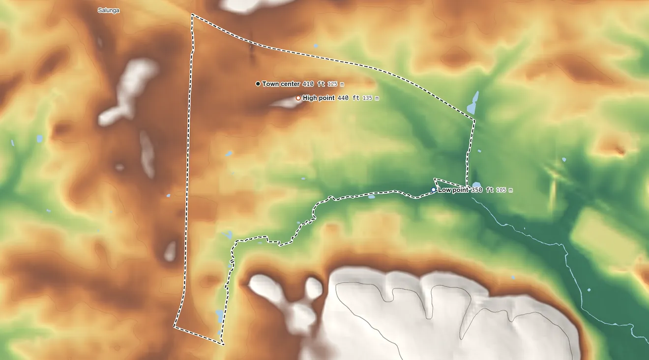 Topographic elevation map of Landisville, Pennsylvania, shaded from 350 ft on the southeast side to 440 ft near the middle