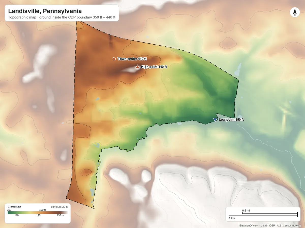 Topographic elevation map of Landisville, Pennsylvania, shaded from 350 ft on the southeast side to 440 ft near the middle