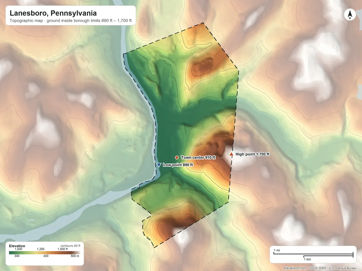 Topographic elevation map of Lanesboro, Pennsylvania, shaded from 890 ft near the middle to 1,700 ft on the east edge, below higher ground just outside