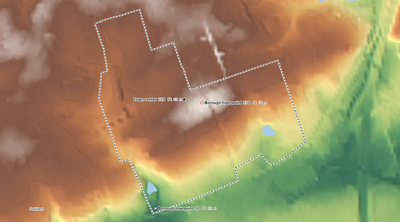 Topographic elevation map of Langhorne Manor, Pennsylvania, shaded from 80 ft on the south side to 230 ft near the middle
