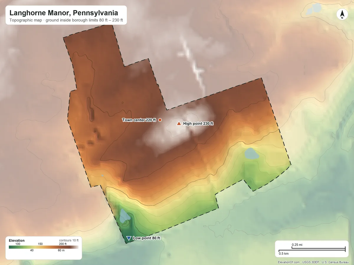 Topographic elevation map of Langhorne Manor, Pennsylvania, shaded from 80 ft on the south side to 230 ft near the middle