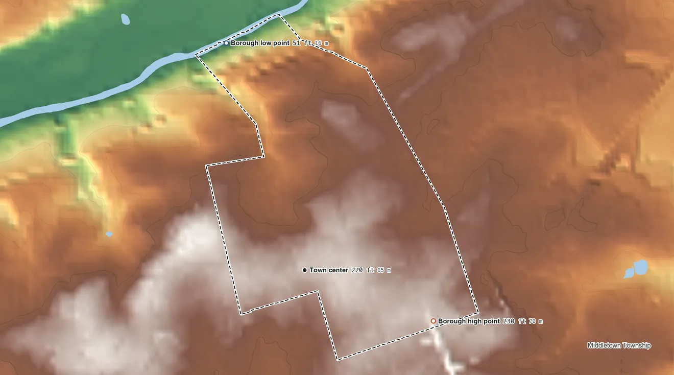 Topographic elevation map of Langhorne, Pennsylvania, shaded from 51 ft on the north side to 230 ft on the east side