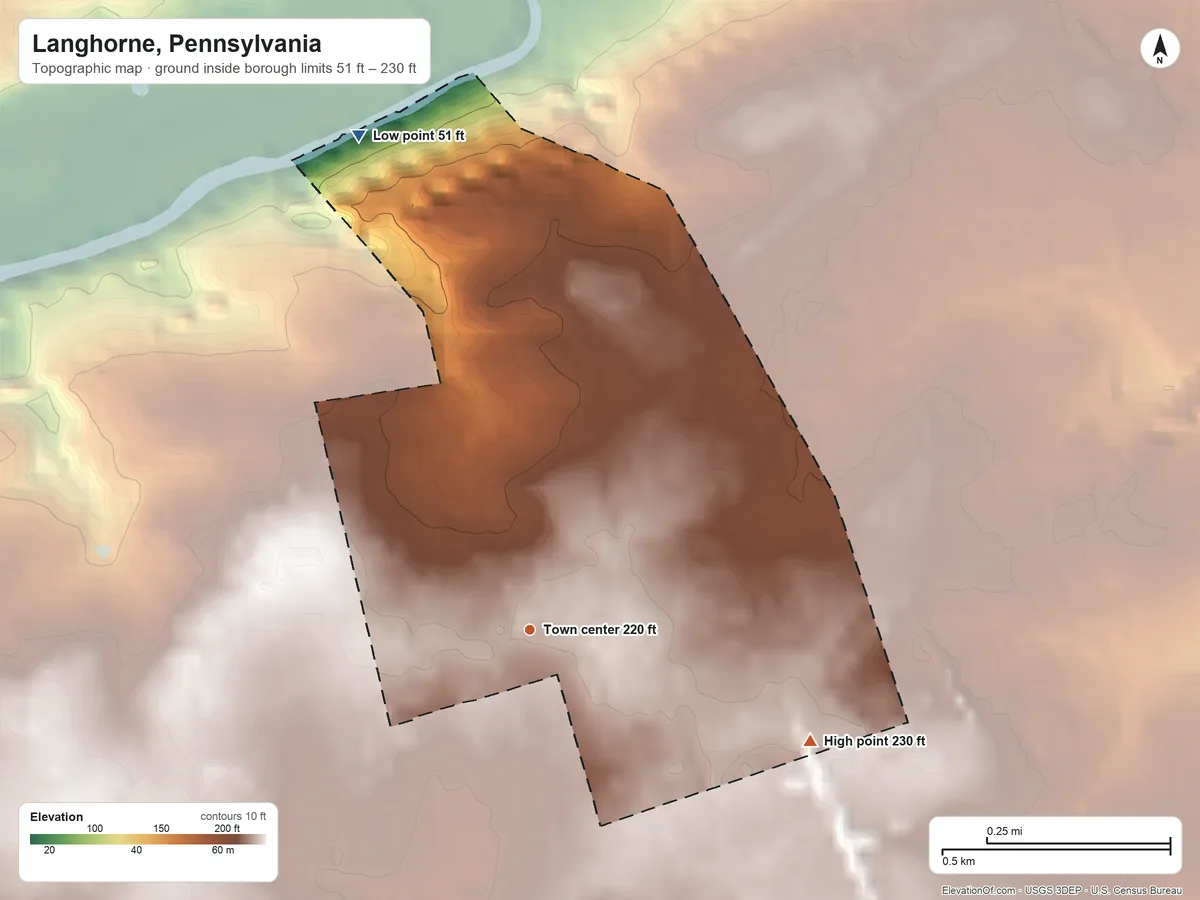 Topographic elevation map of Langhorne, Pennsylvania, shaded from 51 ft on the north side to 230 ft on the east side