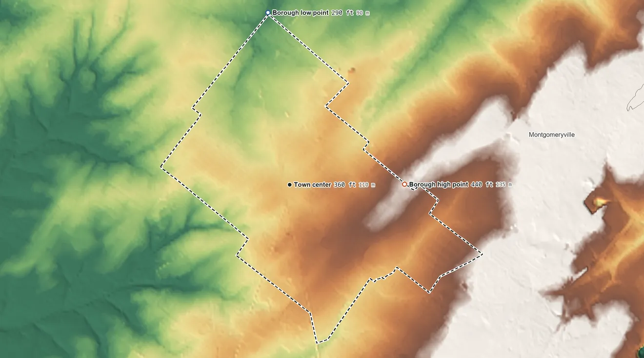 Topographic elevation map of Lansdale, Pennsylvania, shaded from 290 ft on the north side to 440 ft on the east side