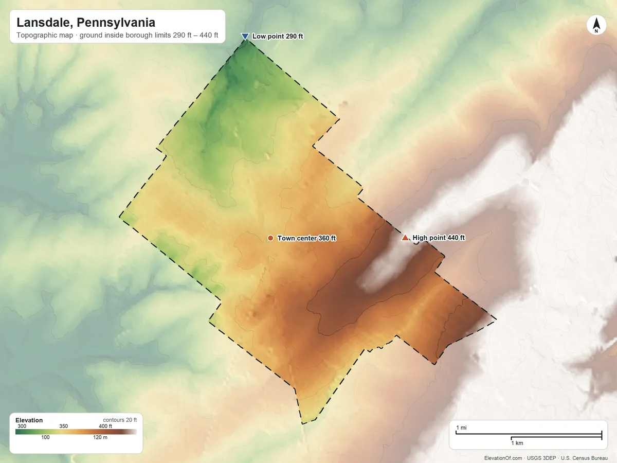 Topographic elevation map of Lansdale, Pennsylvania, shaded from 290 ft on the north side to 440 ft on the east side