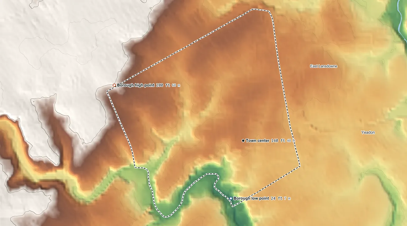 Topographic elevation map of Lansdowne, Pennsylvania, shaded from 24 ft on the south side to 200 ft on the northwest side