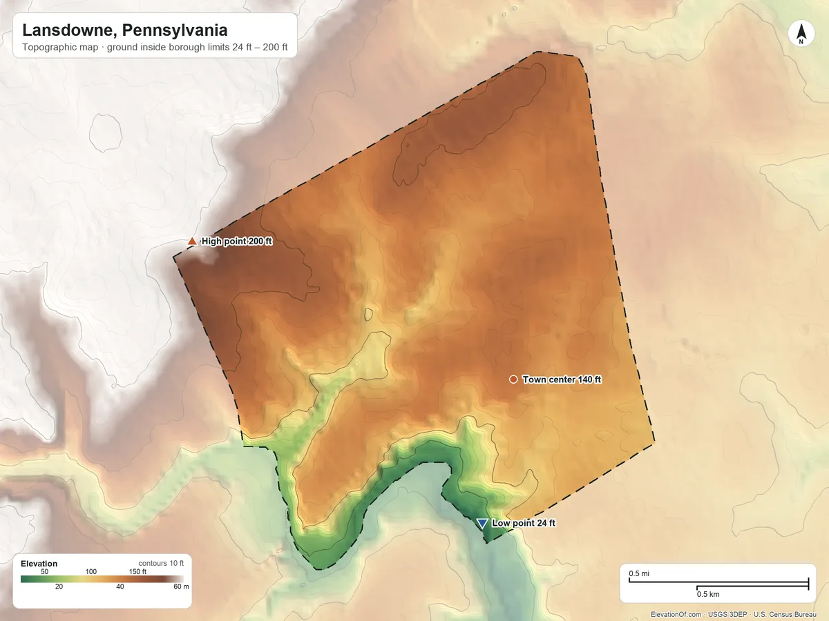 Topographic elevation map of Lansdowne, Pennsylvania, shaded from 24 ft on the south side to 200 ft on the northwest side