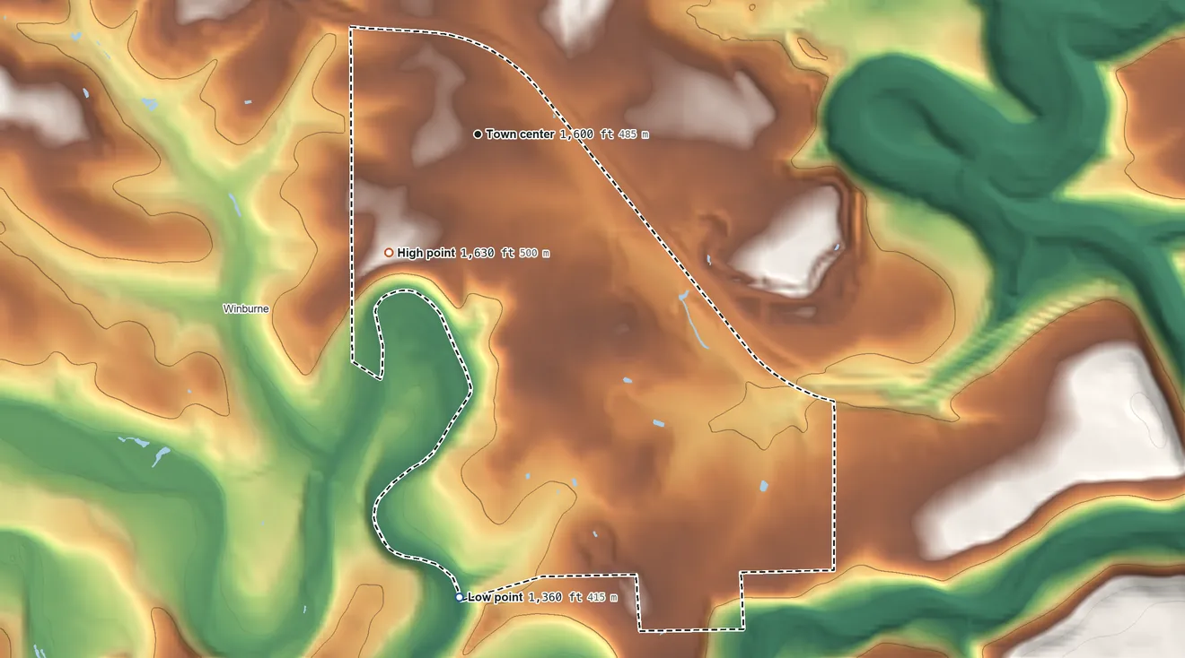 Topographic elevation map of Lanse, Pennsylvania, shaded from 1,360 ft on the south side to 1,630 ft on the southwest side