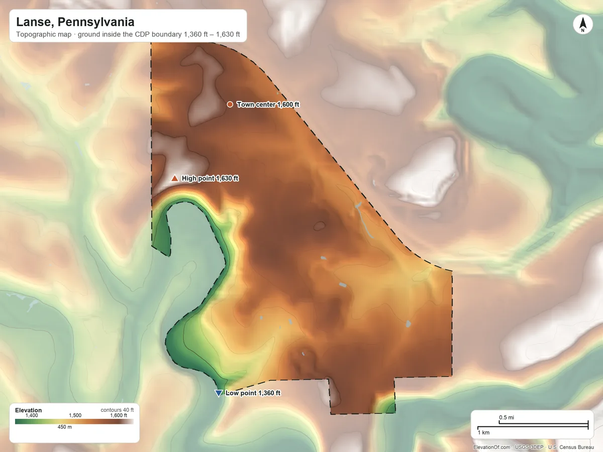 Topographic elevation map of Lanse, Pennsylvania, shaded from 1,360 ft on the south side to 1,630 ft on the southwest side
