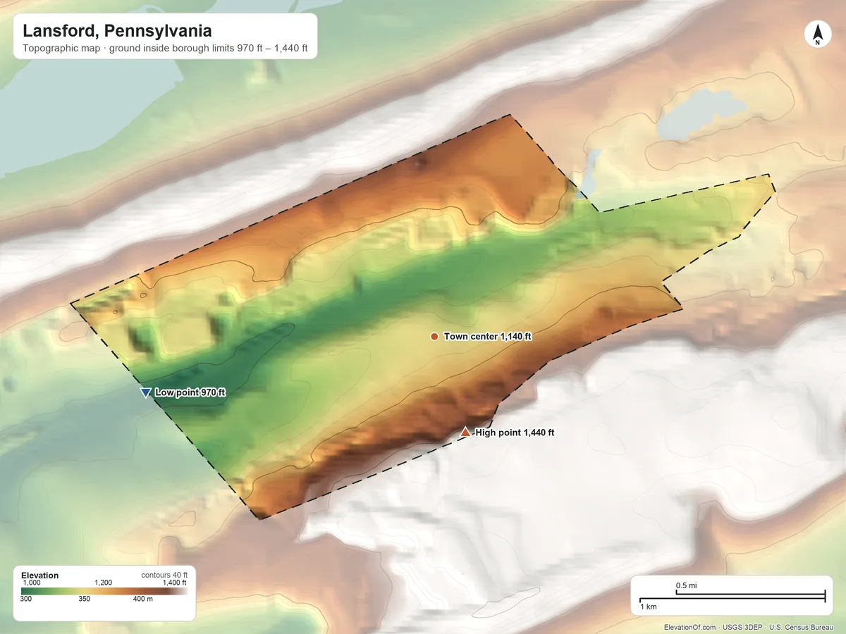 Topographic elevation map of Lansford, Pennsylvania, shaded from 970 ft on the west side to 1,440 ft on the south side