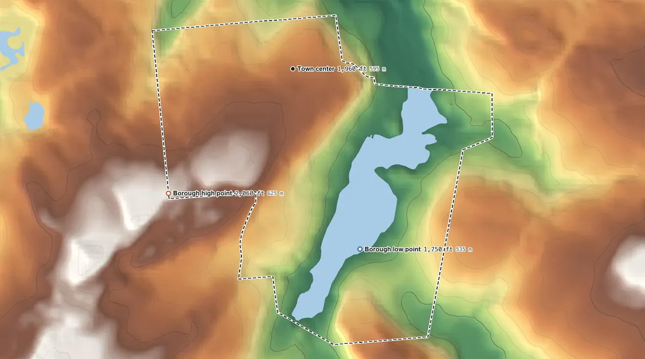 Topographic elevation map of Laporte, Pennsylvania, shaded from 1,750 ft on the south side to 2,060 ft on the southwest side