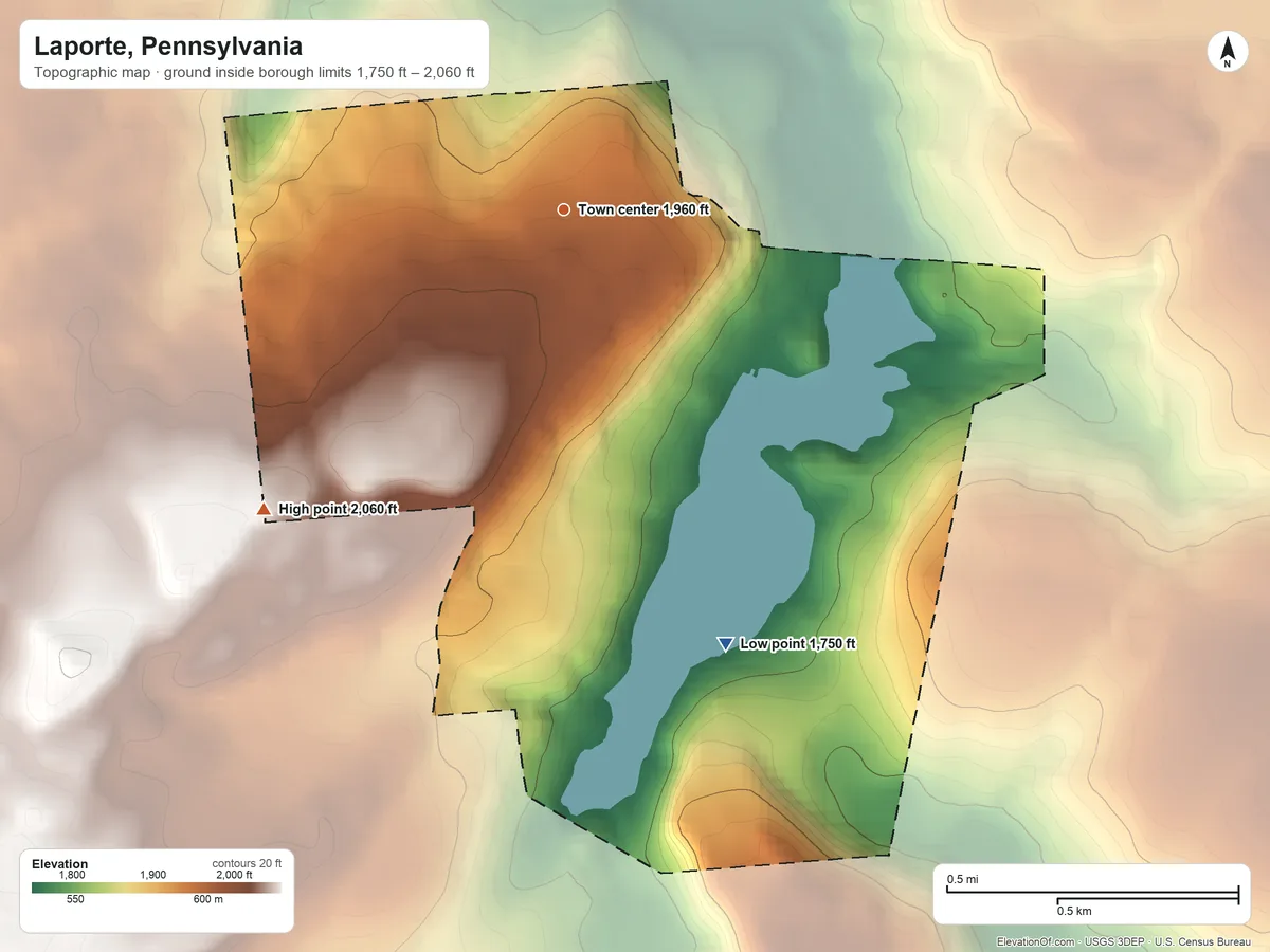 Topographic elevation map of Laporte, Pennsylvania, shaded from 1,750 ft on the south side to 2,060 ft on the southwest side