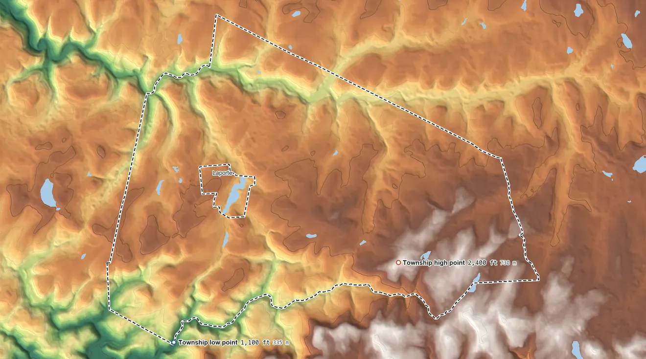 Topographic elevation map of Laporte Township, Pennsylvania, shaded from 1,100 ft on the south side to 2,400 ft on the east side