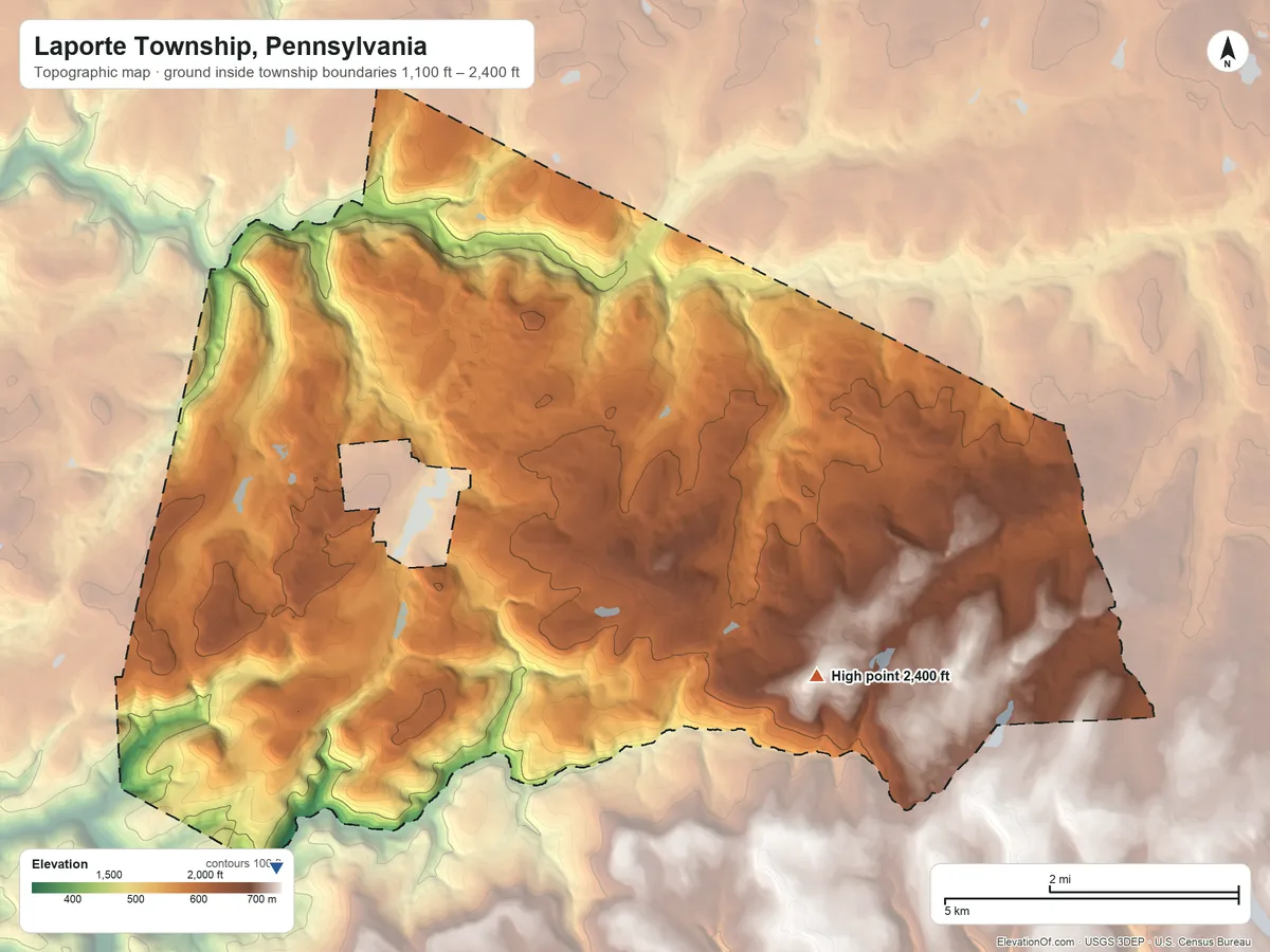 Topographic elevation map of Laporte Township, Pennsylvania, shaded from 1,100 ft on the south side to 2,400 ft on the east side