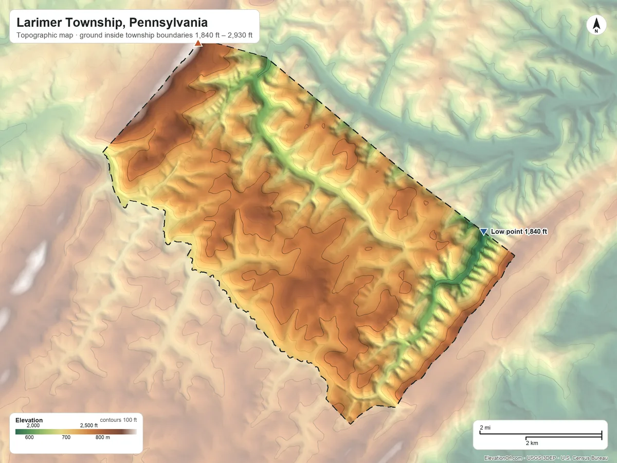 Topographic elevation map of Larimer Township, Pennsylvania, shaded from 1,840 ft on the east side to 2,930 ft on the north side
